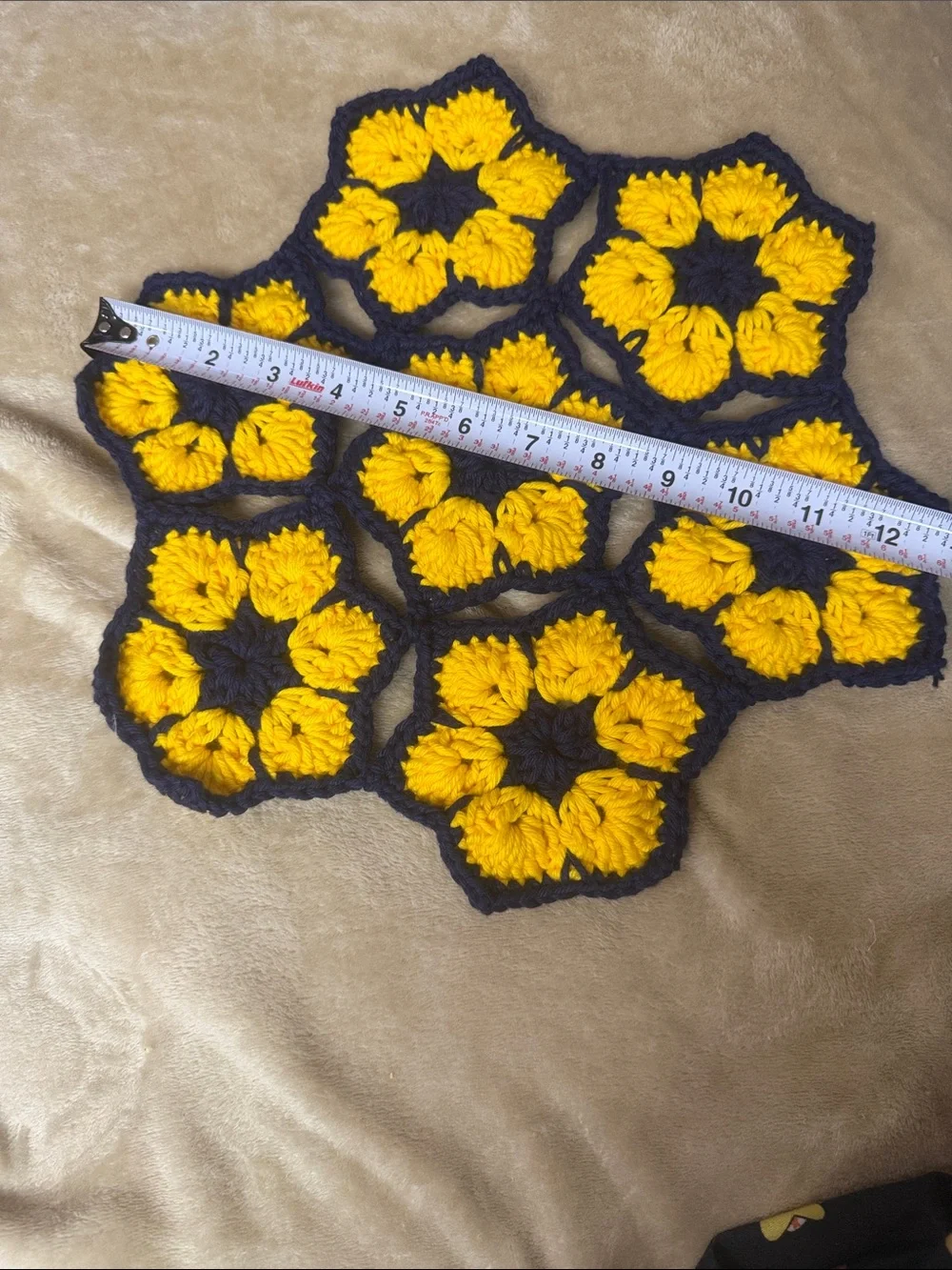 Handmade Crochet Flower Coasters - Yellow and Navy 13” (1)